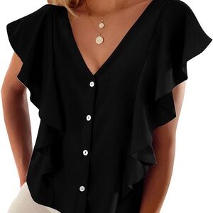 Elegant Black Ruffle Button-Up Top 2XL